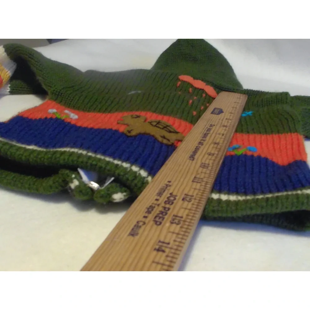 Vintage Hand Knit Animal Applique Hooded Zip Cardigan Sweater Kids GreenMulti 2T